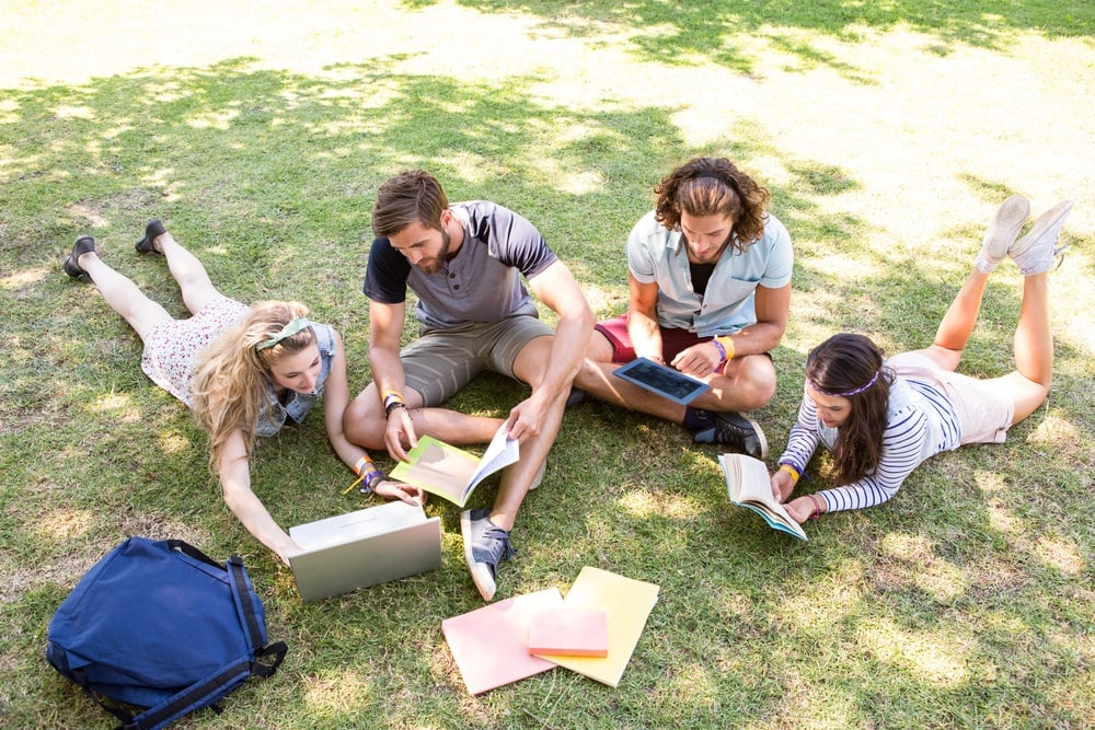 A group of students studying on the grass in the park. 